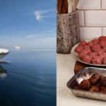 En stor färja (M/S Visby) till höger, och rullare köttbullar och hamburgare från smak av Gotland på en skärbräda, till höger.